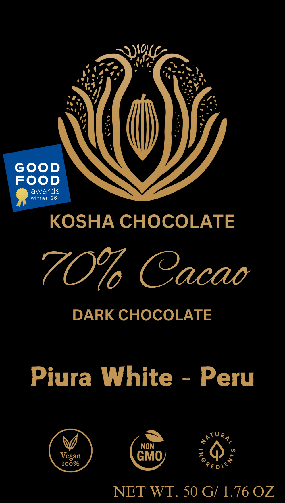 Kosha Chocolate Piura White 70% Dark Bar - Good Food Awards Badge
